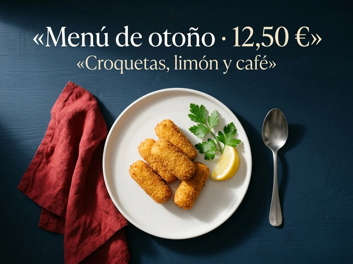 Resultado sintético con cinco croquetas aparentes, texto español, cuchara y servilleta