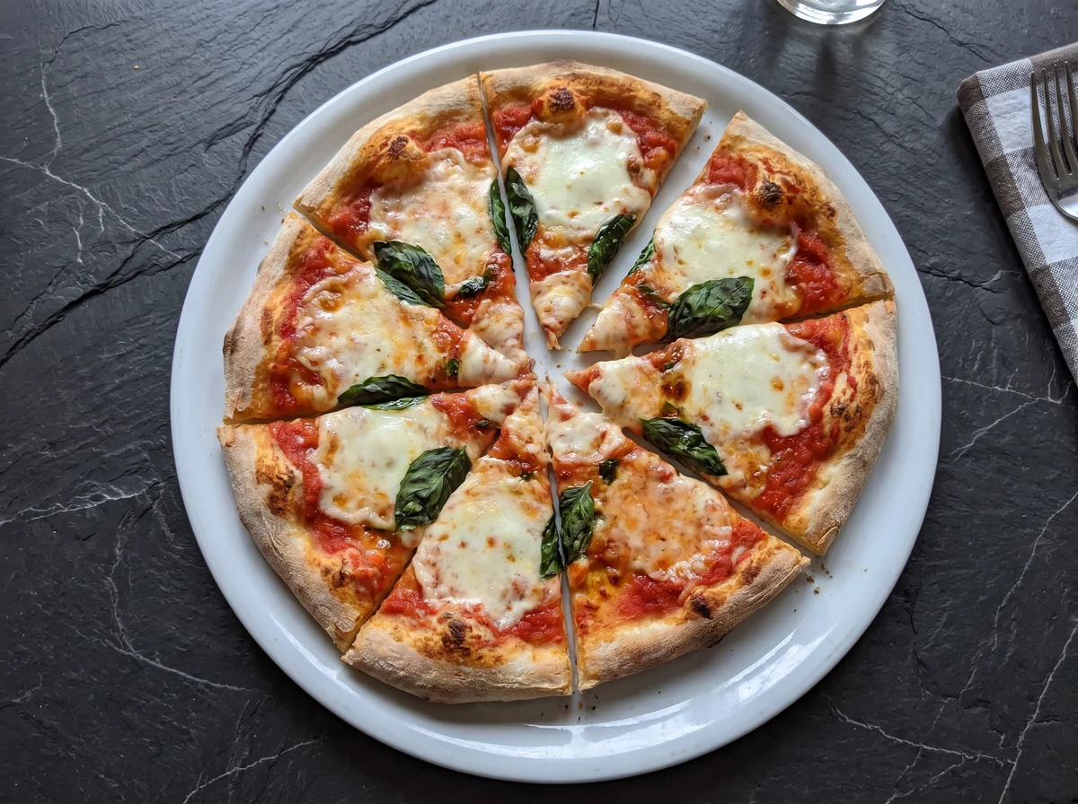 Pizza tras la edición: luz lateral suave y pizarra negra